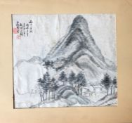 Chinesischer Künstler, Landschaft mit Häusern und Bäumen, im Hintergrund einer hoher Berg, bez. unte