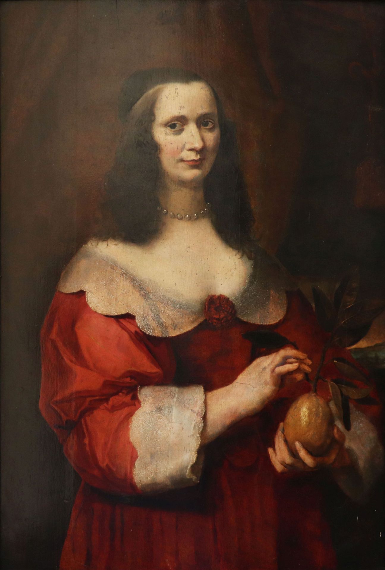 Unbekannter Portraitmaler, französisch, 17. Jh., Dame in rotem Kleid mit Spitzenkragen und Pomeranze