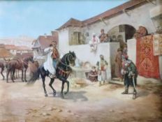 Schatz, Orientalischer Reiter auf Araber Pferd in einer Dorfstraße mit anderen Orientalen und Markt,