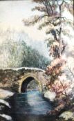 Emaillebild in irrisierender Optik, Landschaftdarstellung mit Brücke, Fluss und Bäumen, signiert C. 