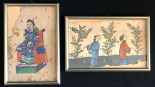 Paar chinesische Aquarelle: Kaiser auf Thron und zwei Frauen zwischen Bäumen, Malerei auf dünnem Rei