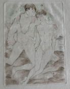 Erotik / Erotica: Van Straaten, 2 Jünglinge beim Sex, Radierung, handkoloriert, handsigniert, 17,5 x