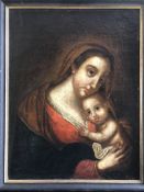 Unbekannter Maler, 18./19. Jh., Maria mit dem Jesuskind auf dem Arm vor dunklem Hintergrund, Öl/Lwd.