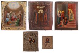 Fünf russische Ikonen, 19. Jh.: Segnender Christus mit Oklad, 13,5 x 10 cm; Maria mit Jesuskind, Okl