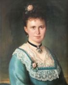 Ernest Laddey (1843 - 1874), Damenportrait: Junge Frau in blauem, spitzenbesetztem Kleid mit biederm