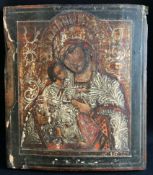 Ikone, 19. Jh., Gottesmutter von Federowsk, Maria mit dem Jesusknaben auf dem Arm, rückseitig russis