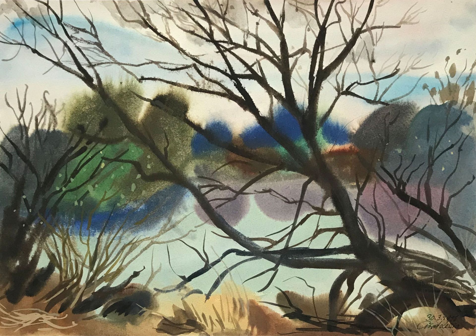 Curd Lessig (1924 Stuttgart), drei Aquarelle, farbenfrohe Landschaften, sign. u. dat. 1997 und 1998, - Bild 3 aus 4