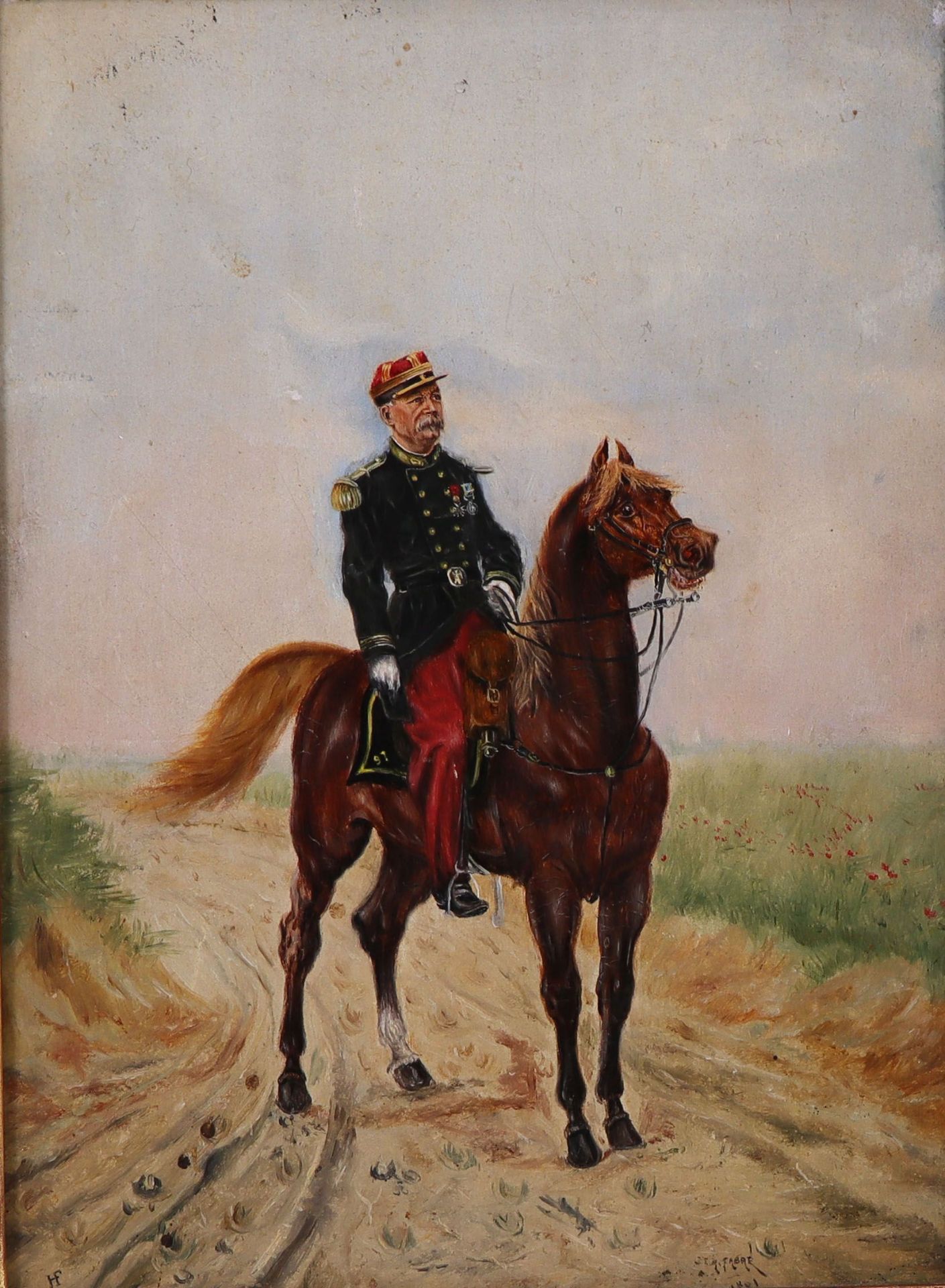 Unbekannter Maler, Offizier zu Pferde, signiert "J E R Fabré" und datiert "1891", Öl/Holz 20 x 15 cm