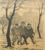 Martin Claus (1892-1975), Drei Jäger durch eine winterliche Landschaft Richtung Revier schreitend, B