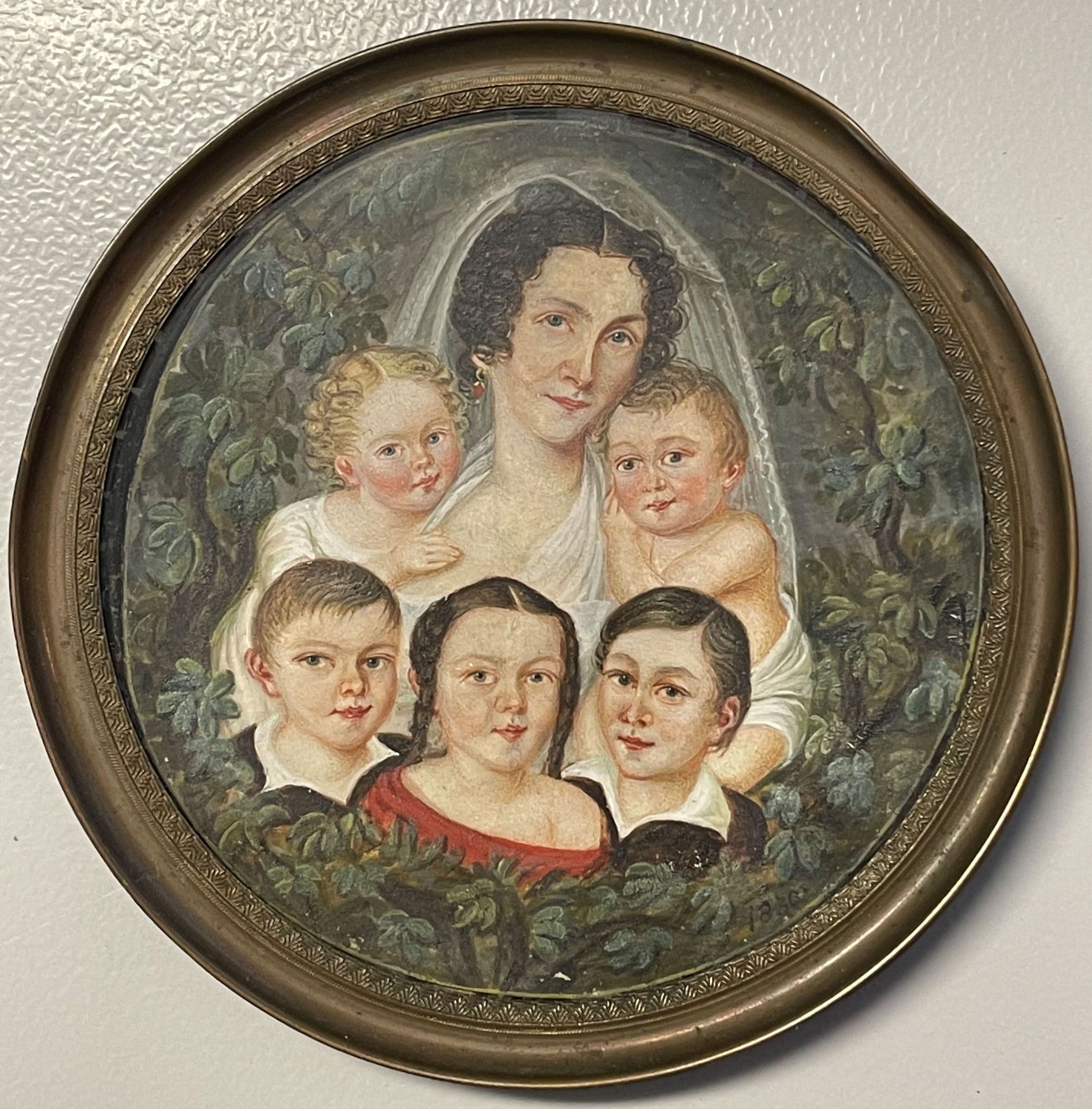 Miniatur, Biedermeier, 1. H. 19. Jh., Portrait einer Mutter mit ihren fünf Kindern, umgeben von - Image 3 of 4