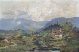 Theodor GUGGENBERGER (1866-1929). Gehöft am Rande der Berge, signiert, Öl/Lwd, 58,5 x 88 cm<br>