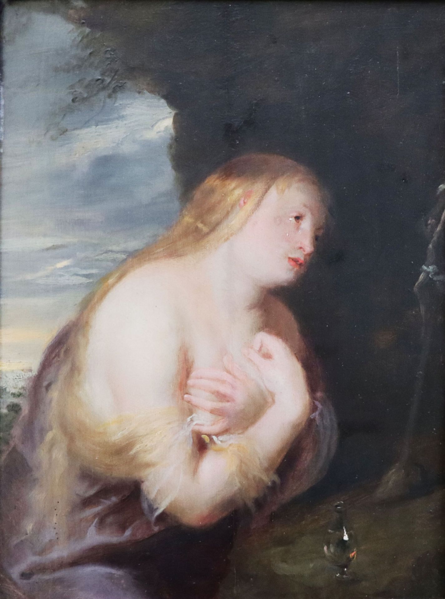 Peter Paul Rubens Schule od. Nachfolge, 17. Jh., Die reuige Magdalena vor einem Kreuz mit dem Corpus