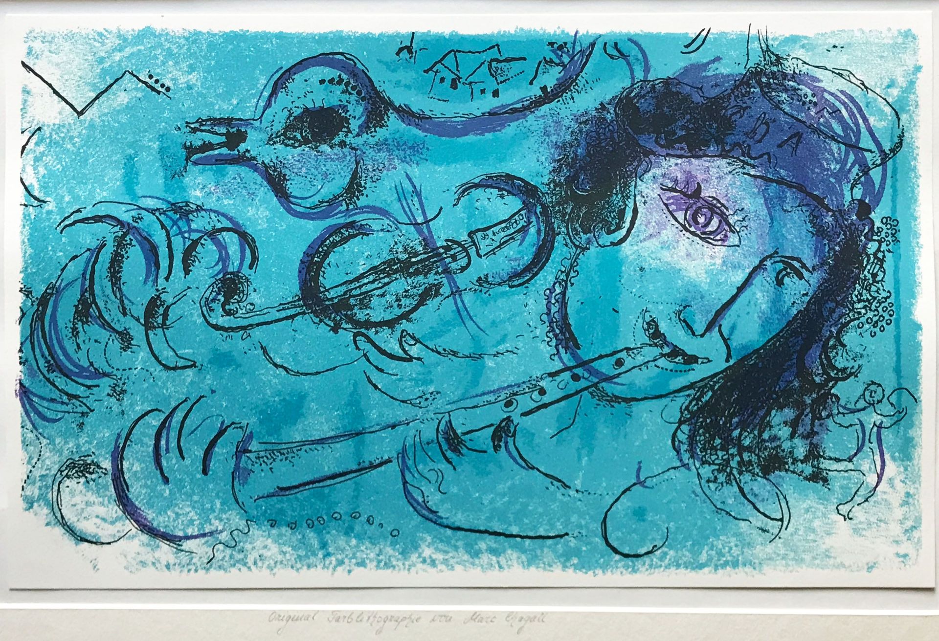 Marc Chagall (1887 Witebsk  1985 St-Paul-de-Vence), Die blaue Flöte: Auf einer Flöte spielende Frau