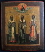 Ikone, 1. H. 19. Jh., mit den drei ökumenischen Lehrern bzw. Kirchenvätern sowie Jesus Christus als 