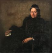 Unbekannter Künstler, Portrait einer unbekannten Dame: Vor braunem Hintergrund sitzt eine schwarz ge