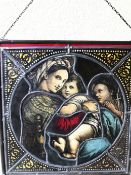 Bleiverglastes Bild, 19. Jh., Motiv von Raffael, Madonna della Sedia, Altersspuren, 41 x 41 cm