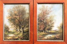 Paar Sommer-Landschaften mit Staffagefiguren, signiert E. Duffour, Öl/Holz 22 x 15,5 cm