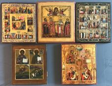 Fünf Ikonen, Russland, 18./19. Jh.: zwei vielfigurige Festtags-Ikonen mit zentralem Hauptbild und me