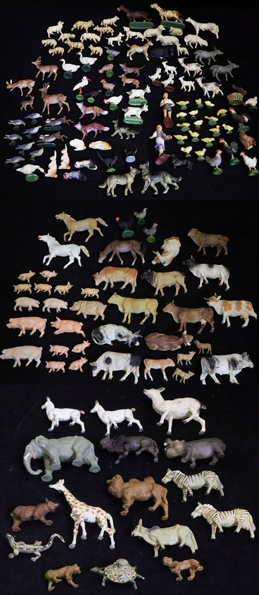 Großes Konvolut Tierfiguren, über 100 Stück, um 1950, teils Elastolin und Lineol: Bauernhoftiere,