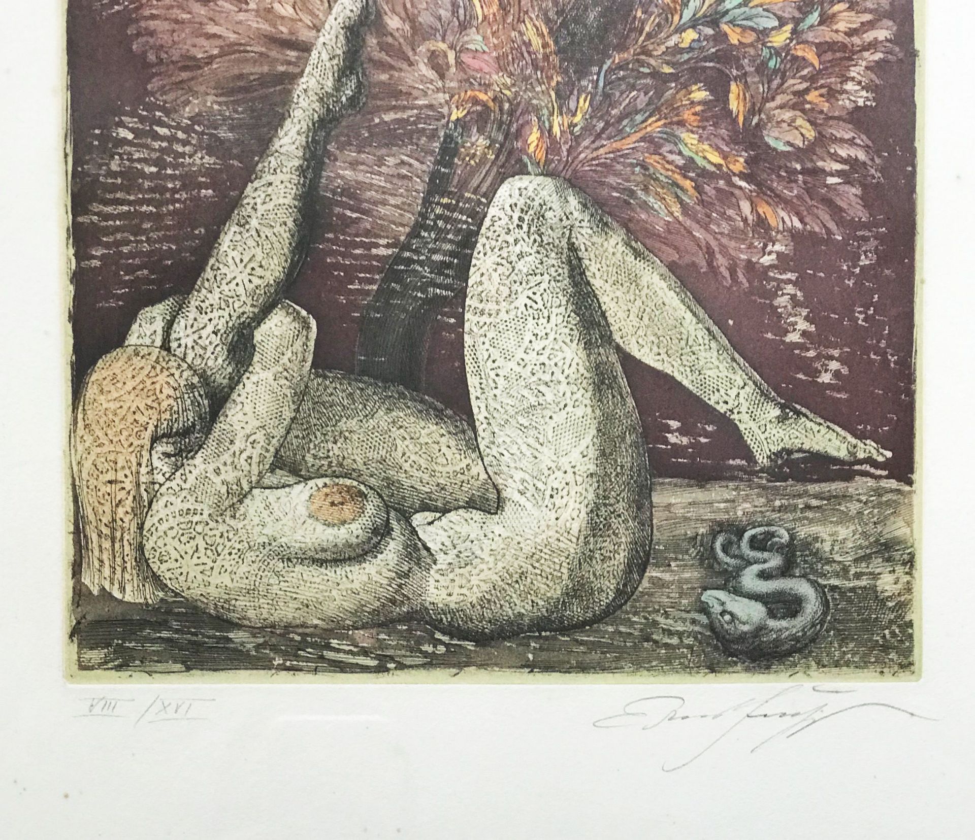 Ernst Fuchs, Nackte Frau liegend mit Schlange sowie einer weiteren barbusigen Dame, die einem vielbl - Bild 6 aus 6