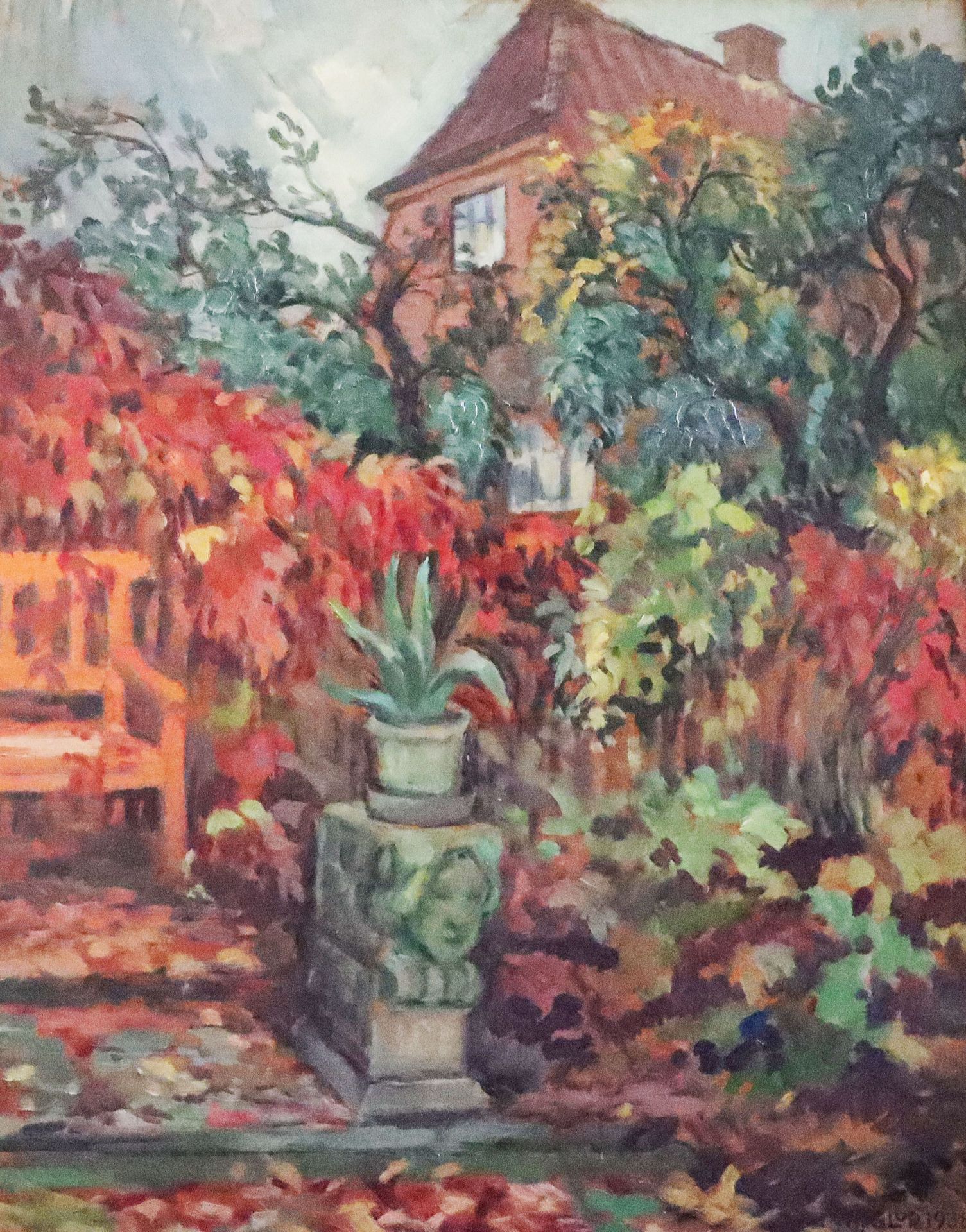 Wilfred Peter Glud (1872-1946), Herbstlandschaft mit vielfältigen bunten Pflanzen sowie einem Haus i
