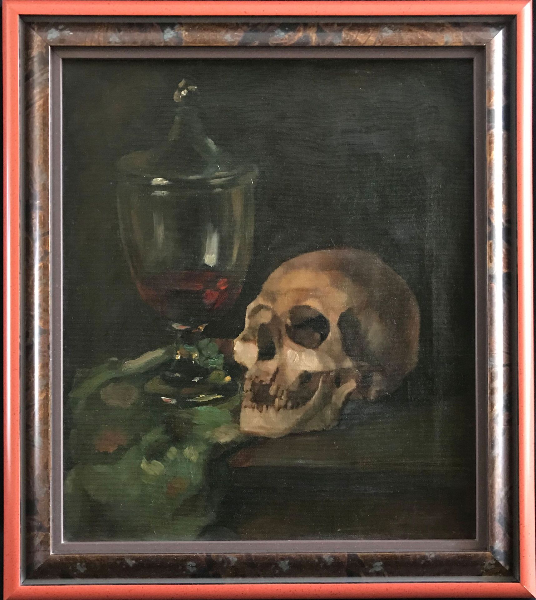 Unbekannter Künstler, Vanitas-Stillleben mit Totenkopf und Weinglas vor dunklem Hintergrund, Öl/Lwd. - Bild 3 aus 3