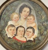 Miniatur, Biedermeier, 1. H. 19. Jh., Portrait einer Mutter mit ihren fünf Kindern, umgeben von grün