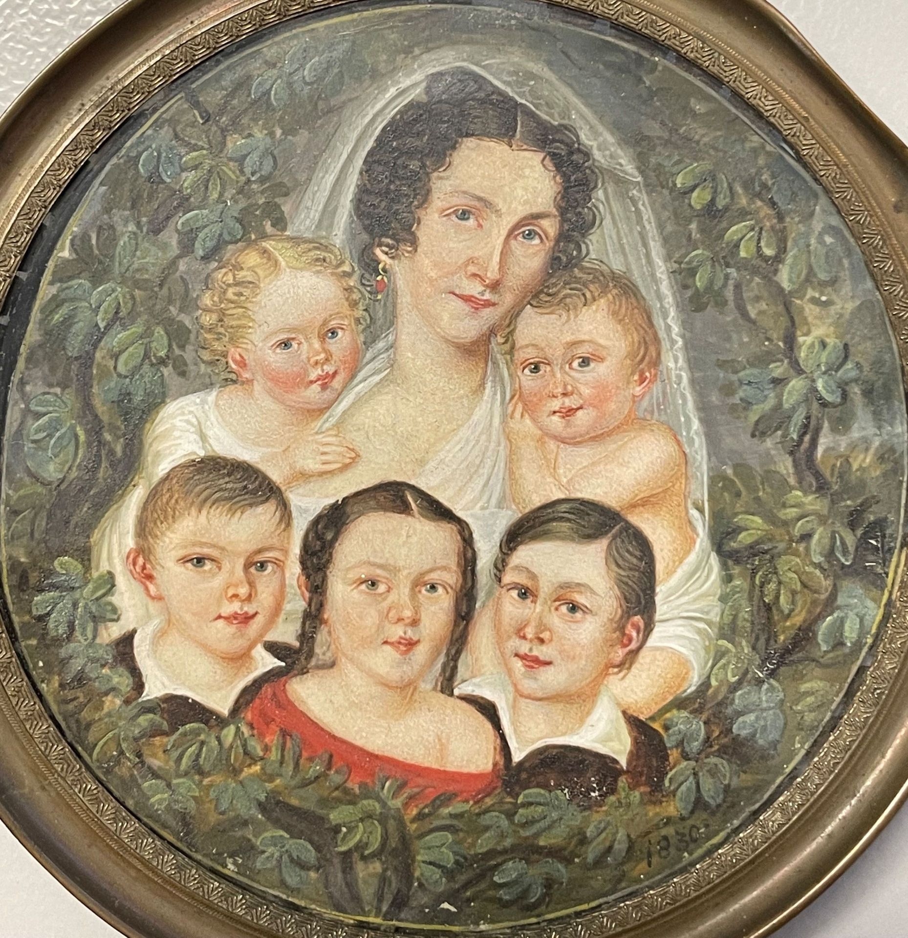 Miniatur, Biedermeier, 1. H. 19. Jh., Portrait einer Mutter mit ihren fünf Kindern, umgeben von