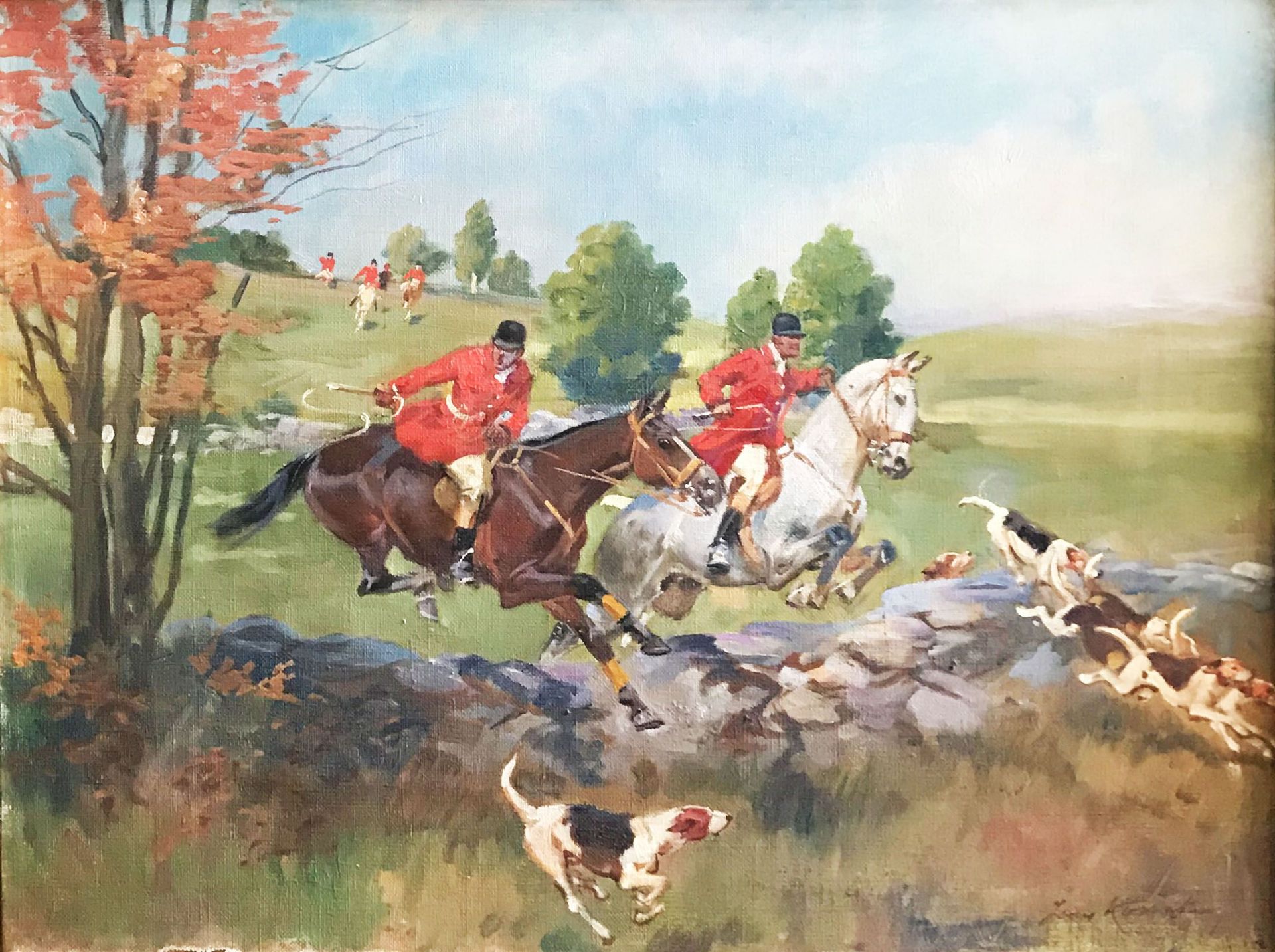 Jerzy KOSSAK (1886-1955), Par Force Jagd: Zwei Reiter setzen mit ihren Pferden über ein natürliches 