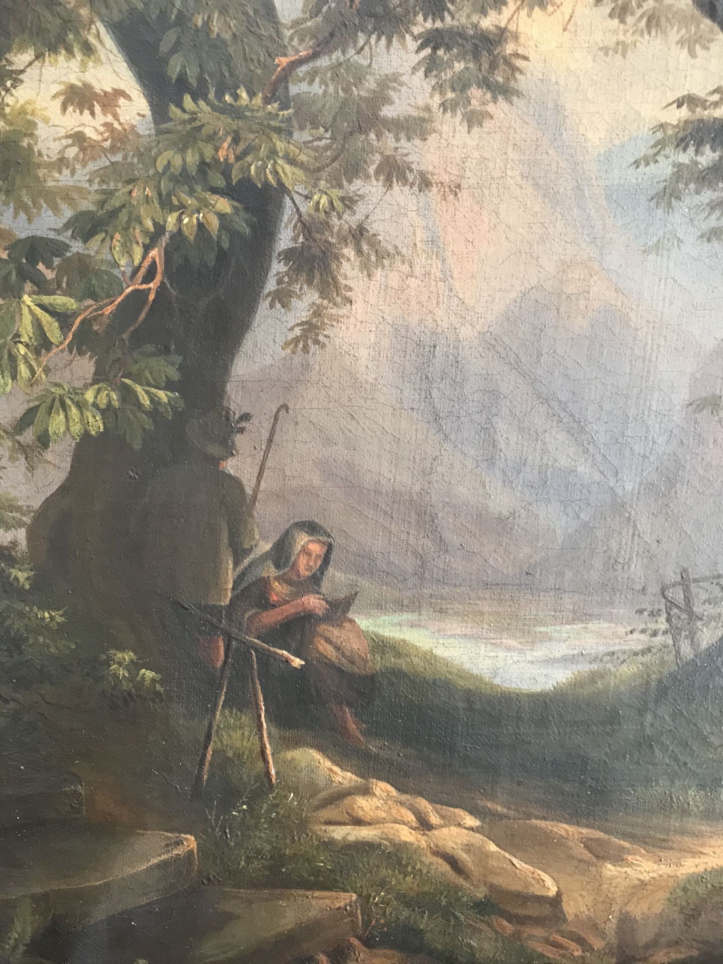 Unbekannter Künstler, 19. Jh., Josef und Maria auf der Rast unter Bäumen mit schönem Ausblick auf ei - Bild 2 aus 5