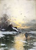 C. Ritter, um 1900, Winterlandschaft mit Bäuerin, die über das Eis geht, im Hintergrund Abendlicht, 