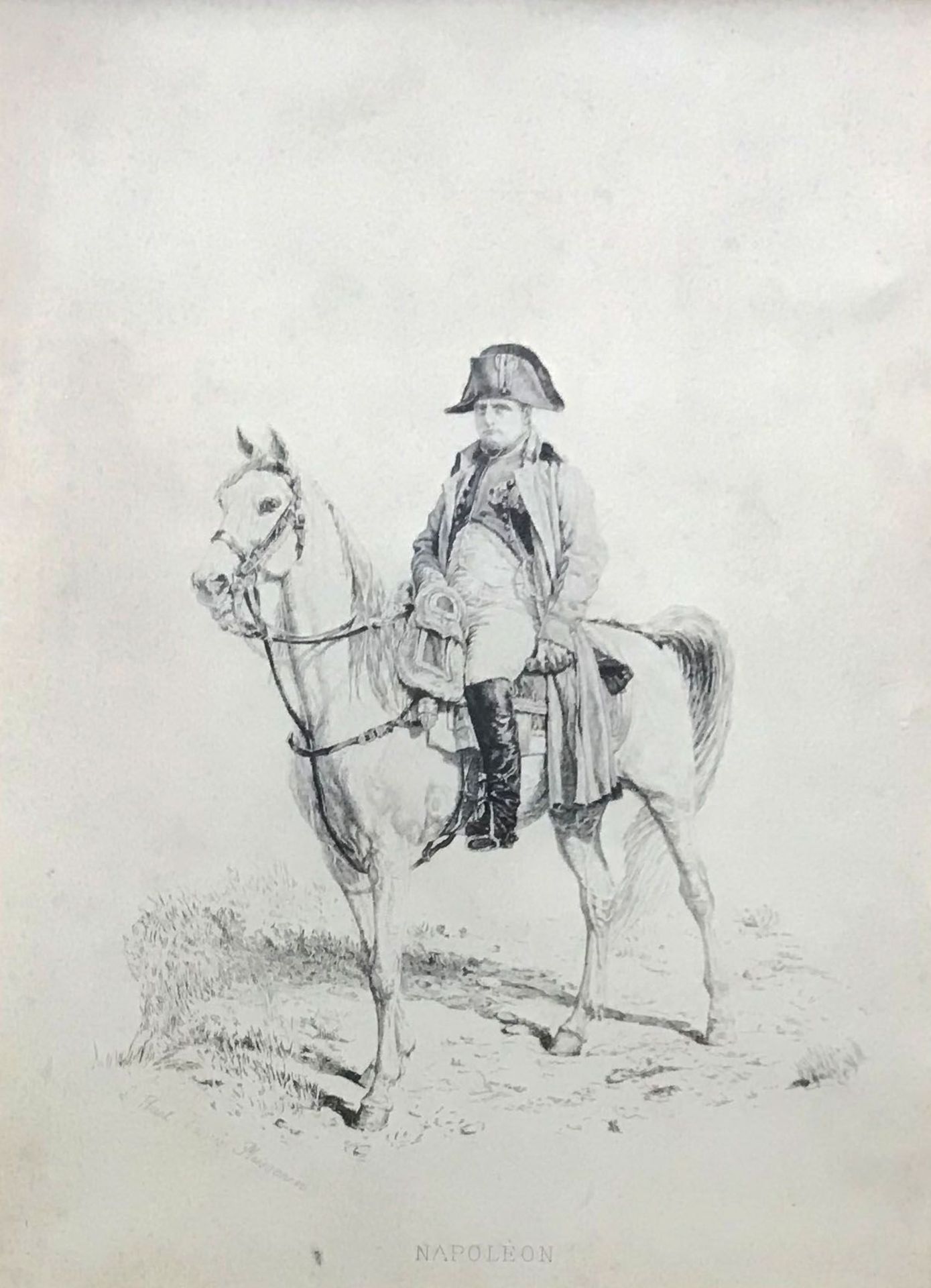Napoleon zu Pferde, Lithographie, Ruel nach Meissonier, ca. 21 x 15 cm, Altersspuren
