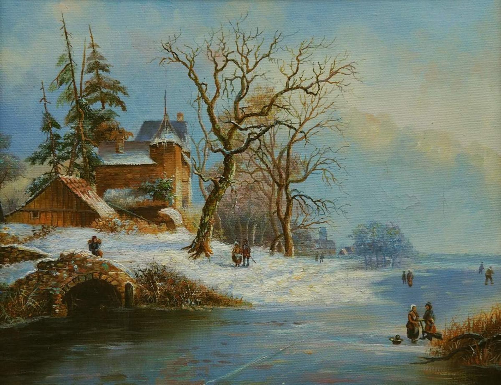 Winterliche Flußlandschaft mit Eisläufern. 2. Hälfte 20. Jahrhundert. Öl auf Leinwand, unsigni - Bild 2 aus 4