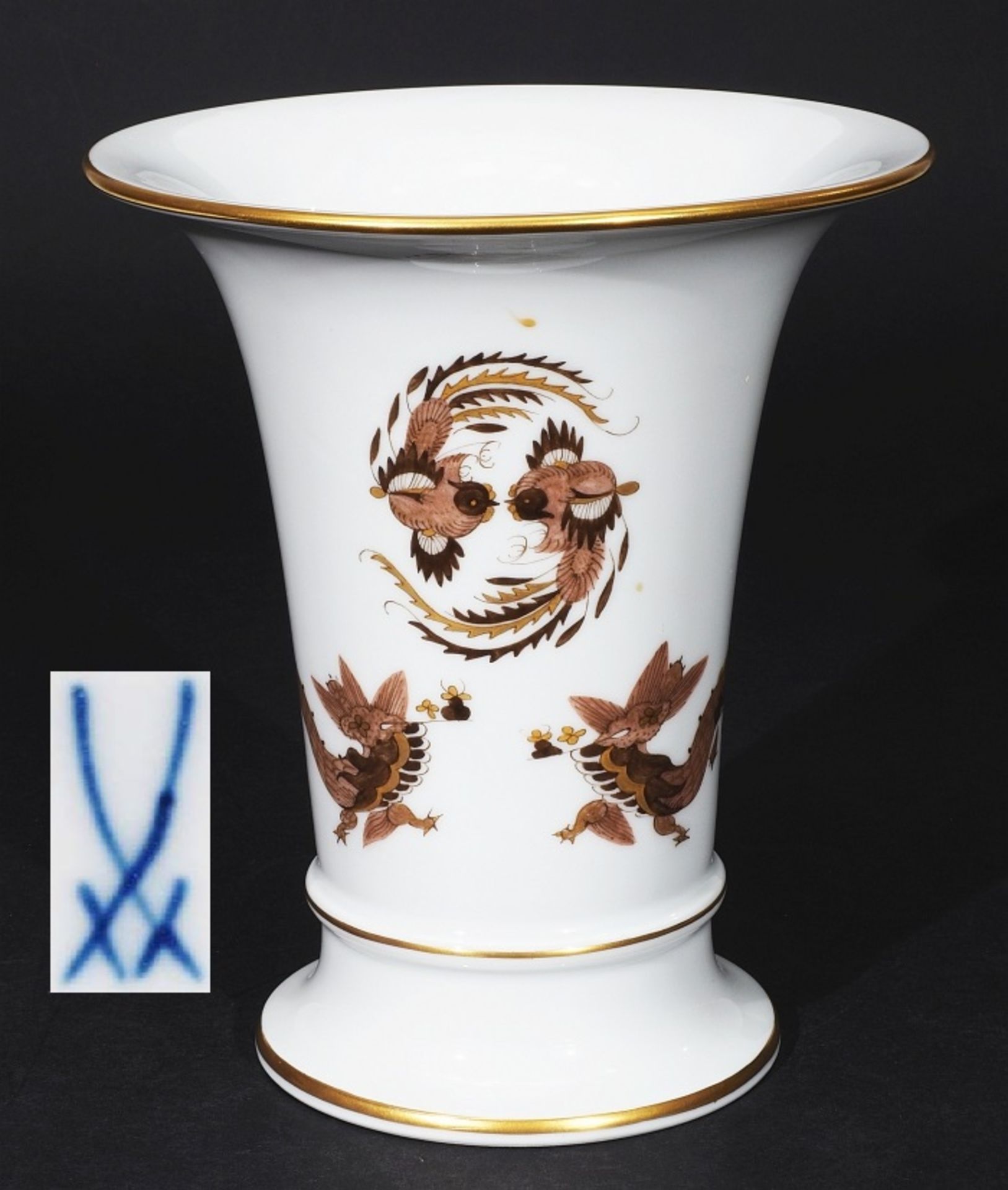 Indisch-Vase, MEISSEN nach 1954, 1. Wahl. Braune Camaieue-Malerei, gold staffiert, Indisch "Drachen