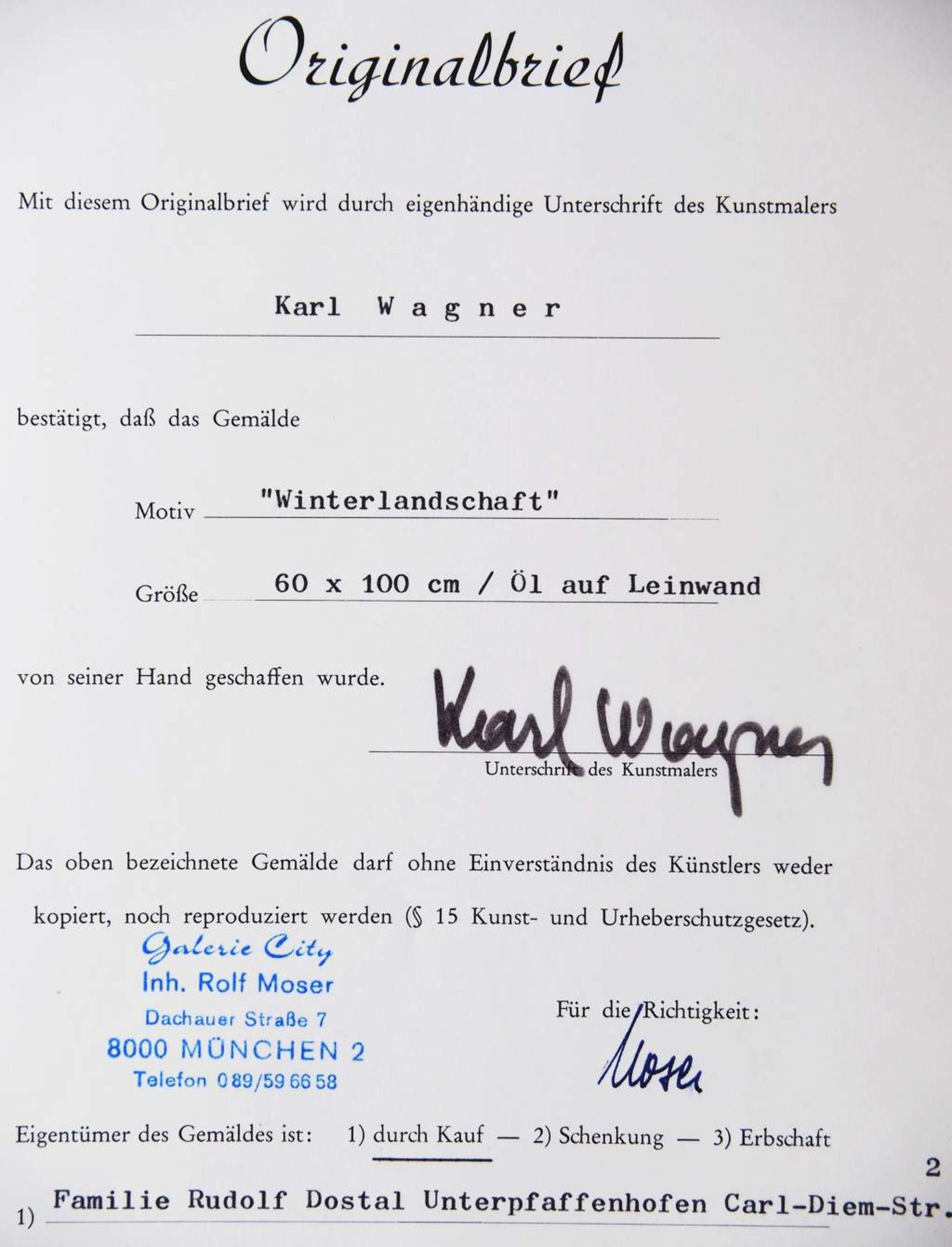 WAGNER, Karl. (1924) Winterlandschaft. Öl auf Leinwand, links unten signiert. Höhe 60 cm - Bild 6 aus 6