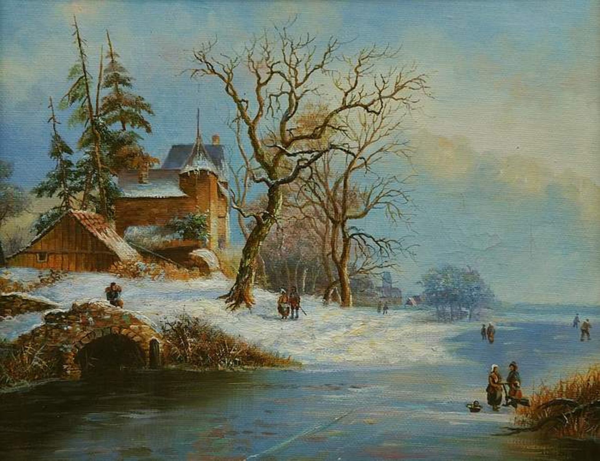 Winterliche Flußlandschaft mit Eisläufern. 2. Hälfte 20. Jahrhundert. Öl auf Leinwand, unsigni