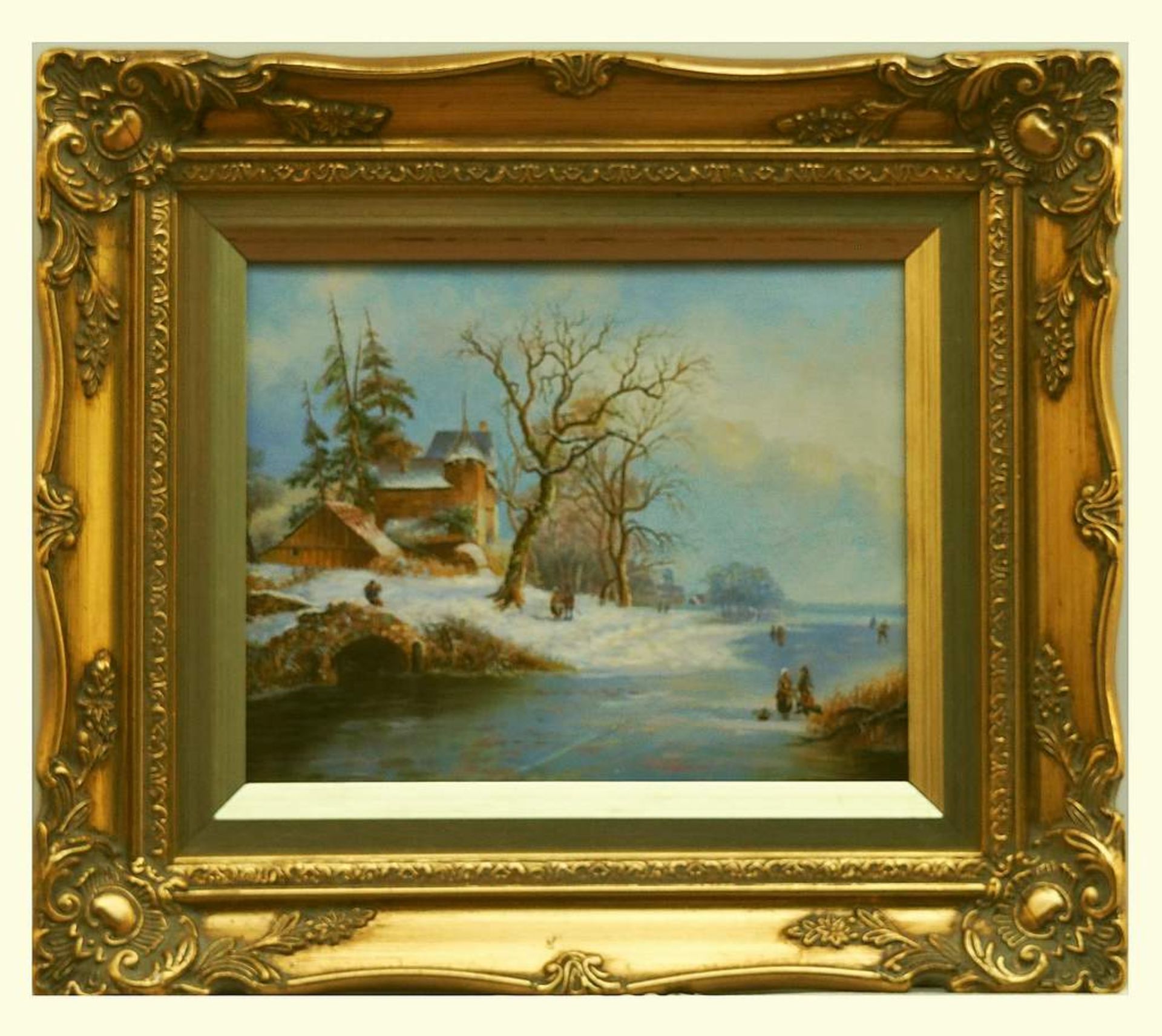 Winterliche Flußlandschaft mit Eisläufern. 2. Hälfte 20. Jahrhundert. Öl auf Leinwand, unsigni - Bild 3 aus 4