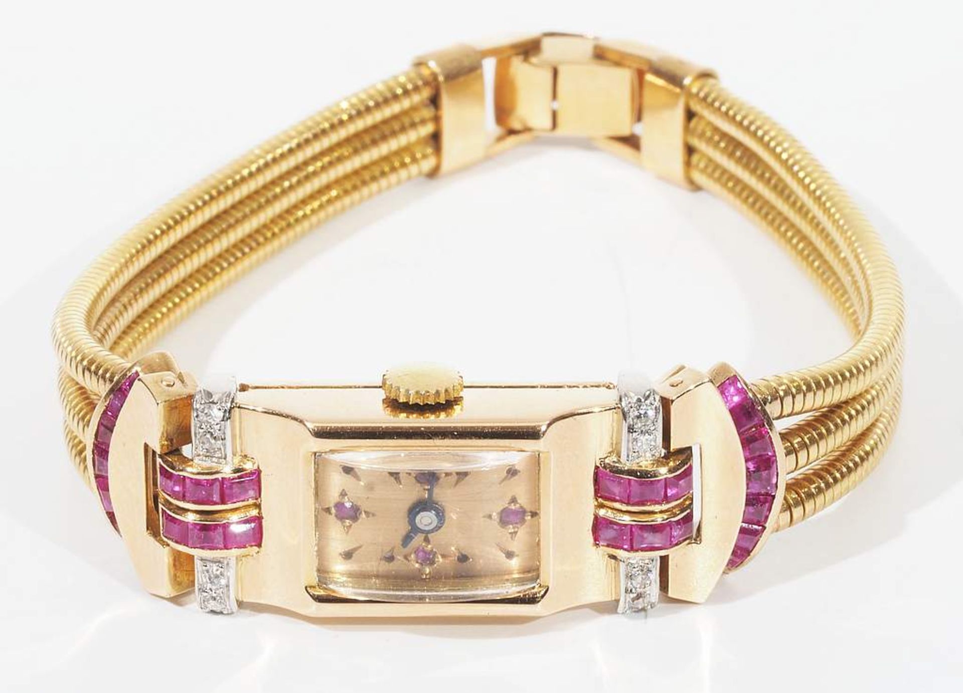 Vintage Damenuhr, 750er Gelbgold, besetzt mit Rubinen im Prinzess-Schliff und Diamanten. Uhrwerk Ha - Bild 3 aus 7