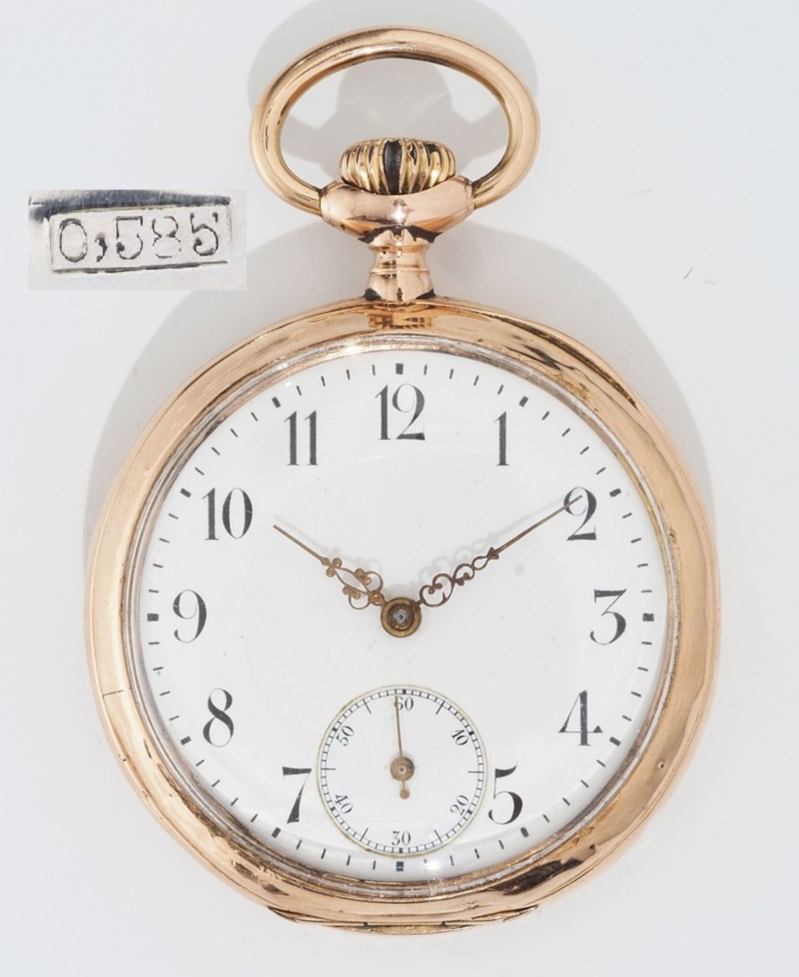 Taschenuhr. OMEGA. 585er Gelbgold. Staubdeckel unedel. Weißes Emailzifferblatt mit arbabischen Za