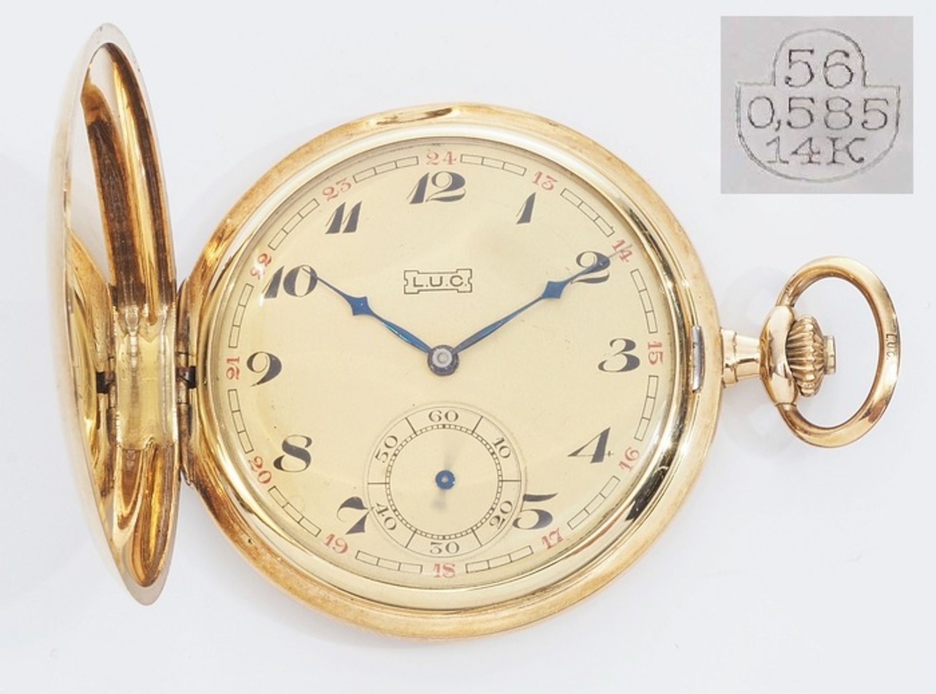 Sprungdeckel-Uhr. L.U.C. (Chopard). Alle Deckel 585er Gelbgold, Zifferblatt mit arabischen Zahlen