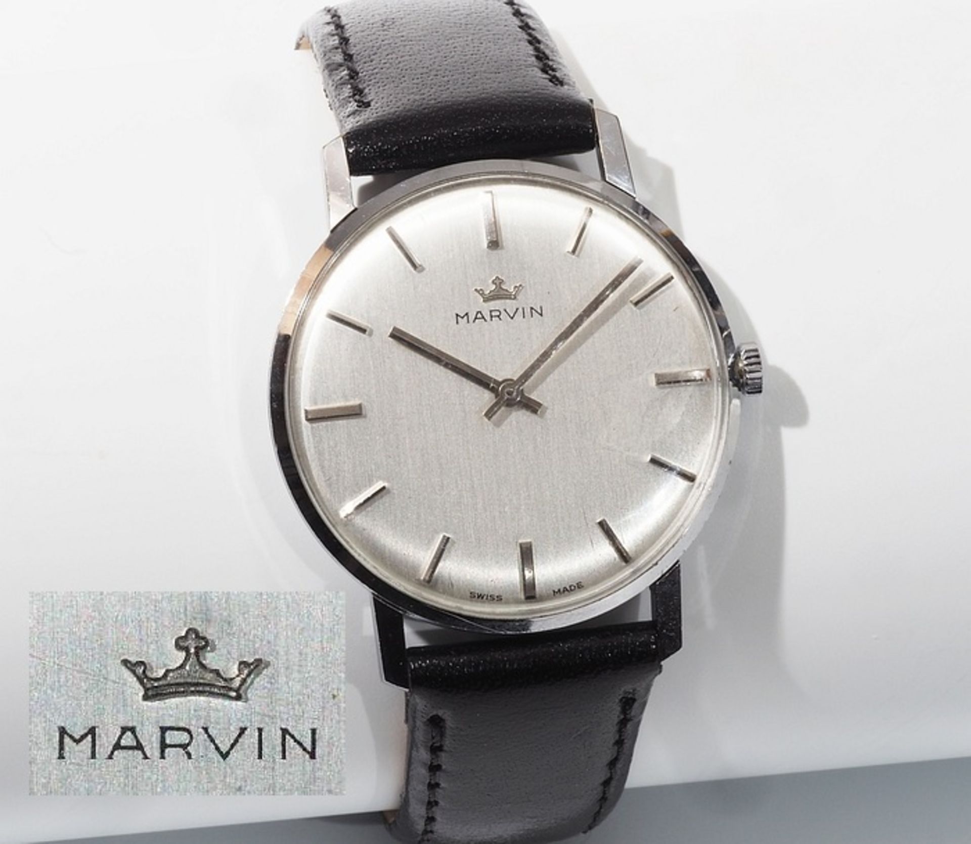 Herrenarmbanuhr MARVIN, Swiss Made. Handaufzug, Edelstahl, Ø Gehäuse ca 34 mm ohne Krone gerech