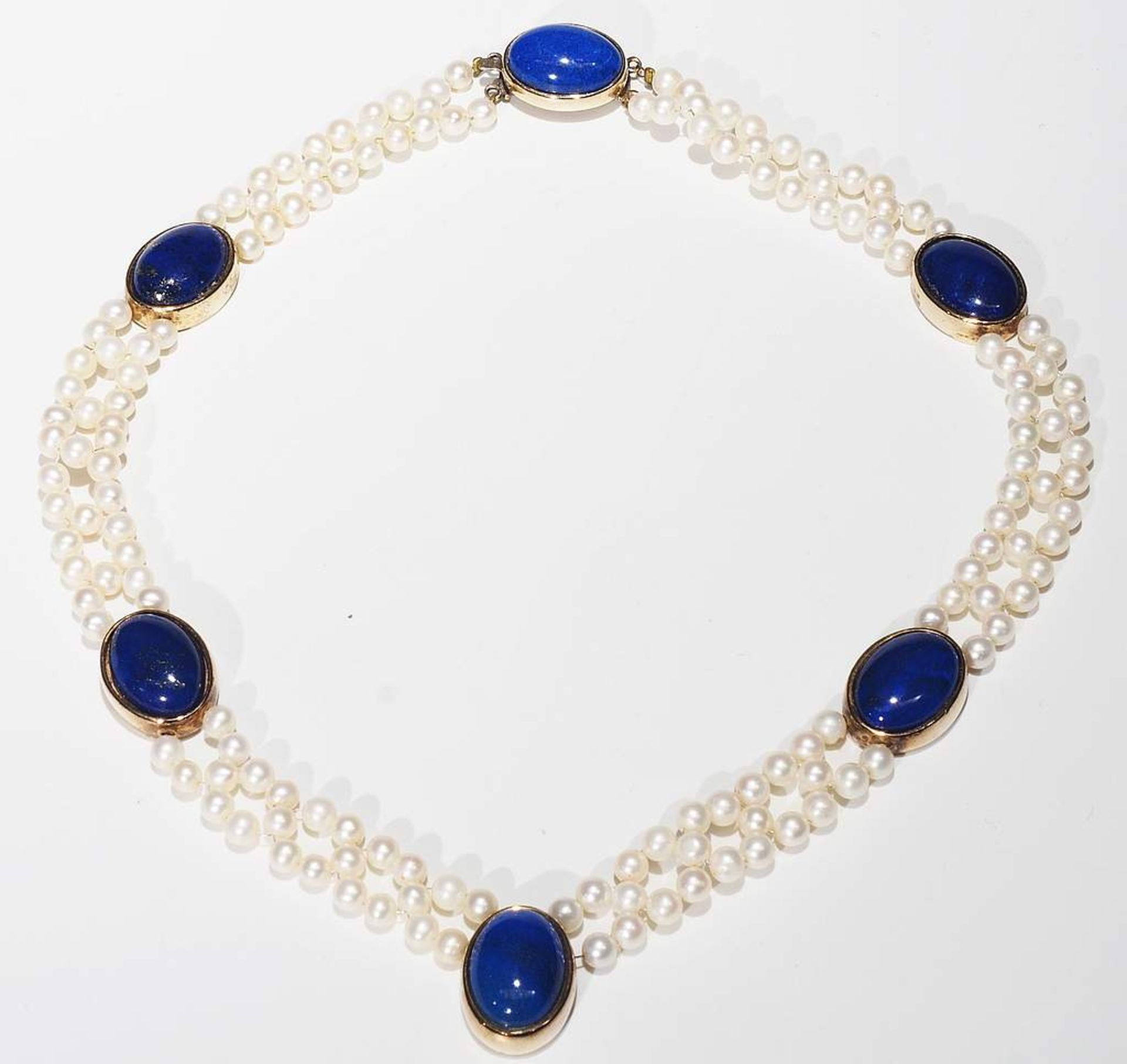 Collier mit kleinen Perlen und Lapis Lazuli Besatz. 925er Silber vergoldet. Länge ca. 45,5 cm. - Image 4 of 7