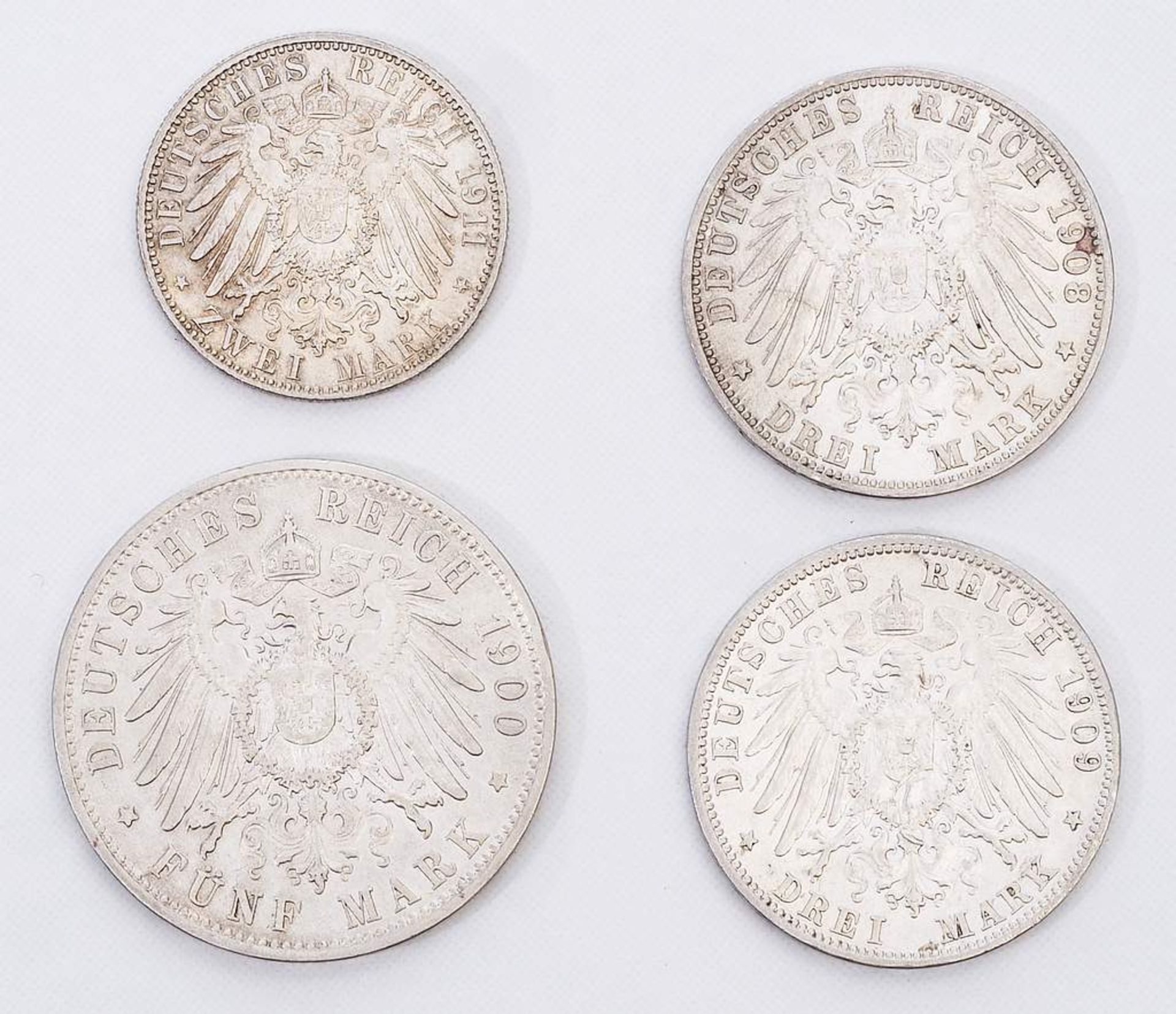 Lot aus 4 Münzen Kaiserreich. 1) 2 Mark Luitpold von Bayern 1911 D, fast vz.2) Otto v. Bayern, 3 M - Image 3 of 3