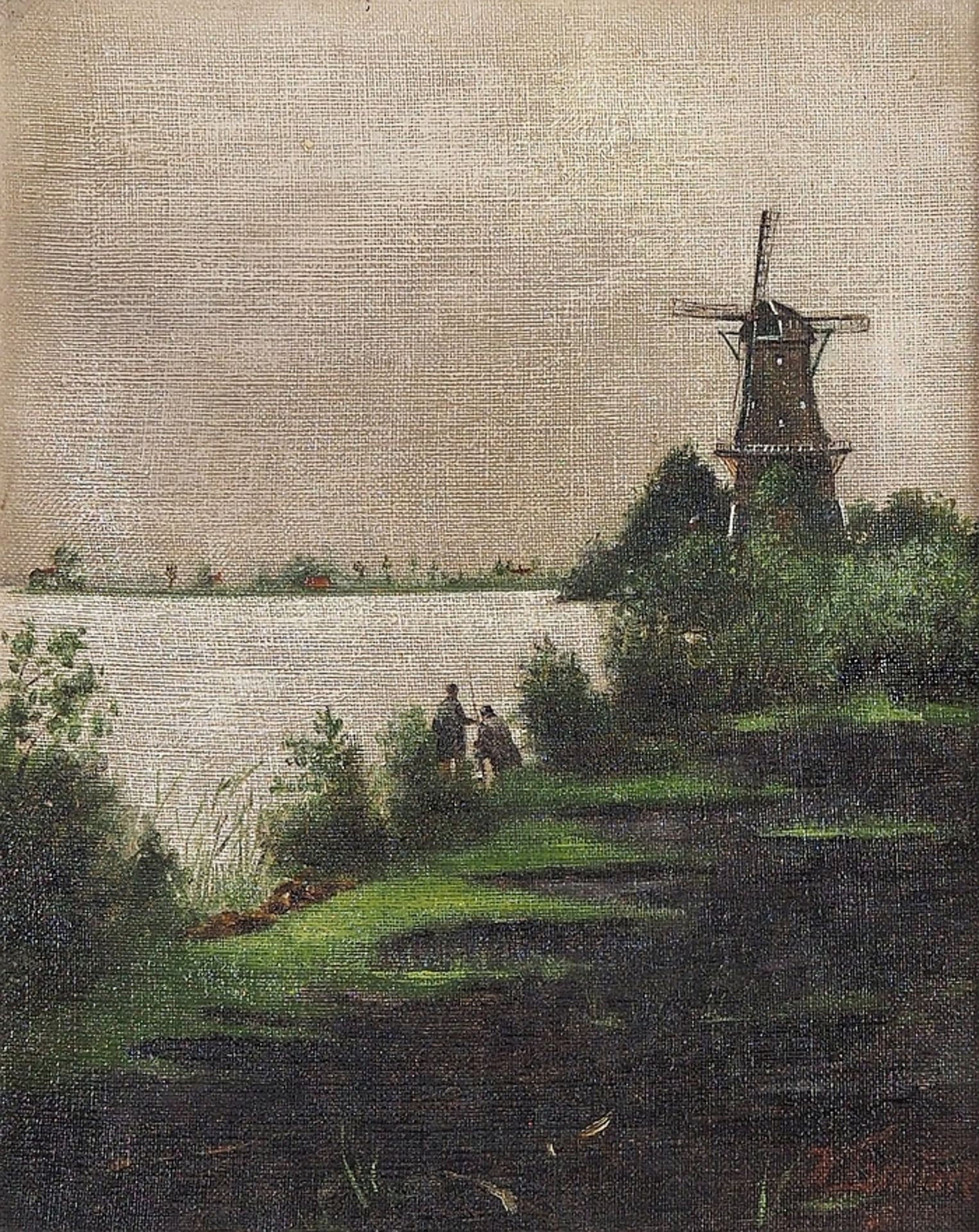 Maler 19. Jahrhundert. Angler in Flußlandschaft mit Windmühle. ÖL auf Leinwand. Rechts unten s