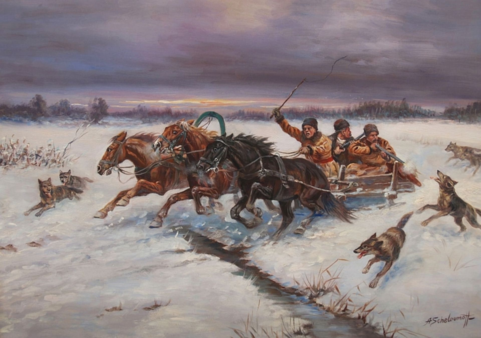 SCHELOUMOFF, Athanas. 1892 Kamenez-Podolskij/Ukraine - 1983 Starnberg. Angriff eines Wolfrudel