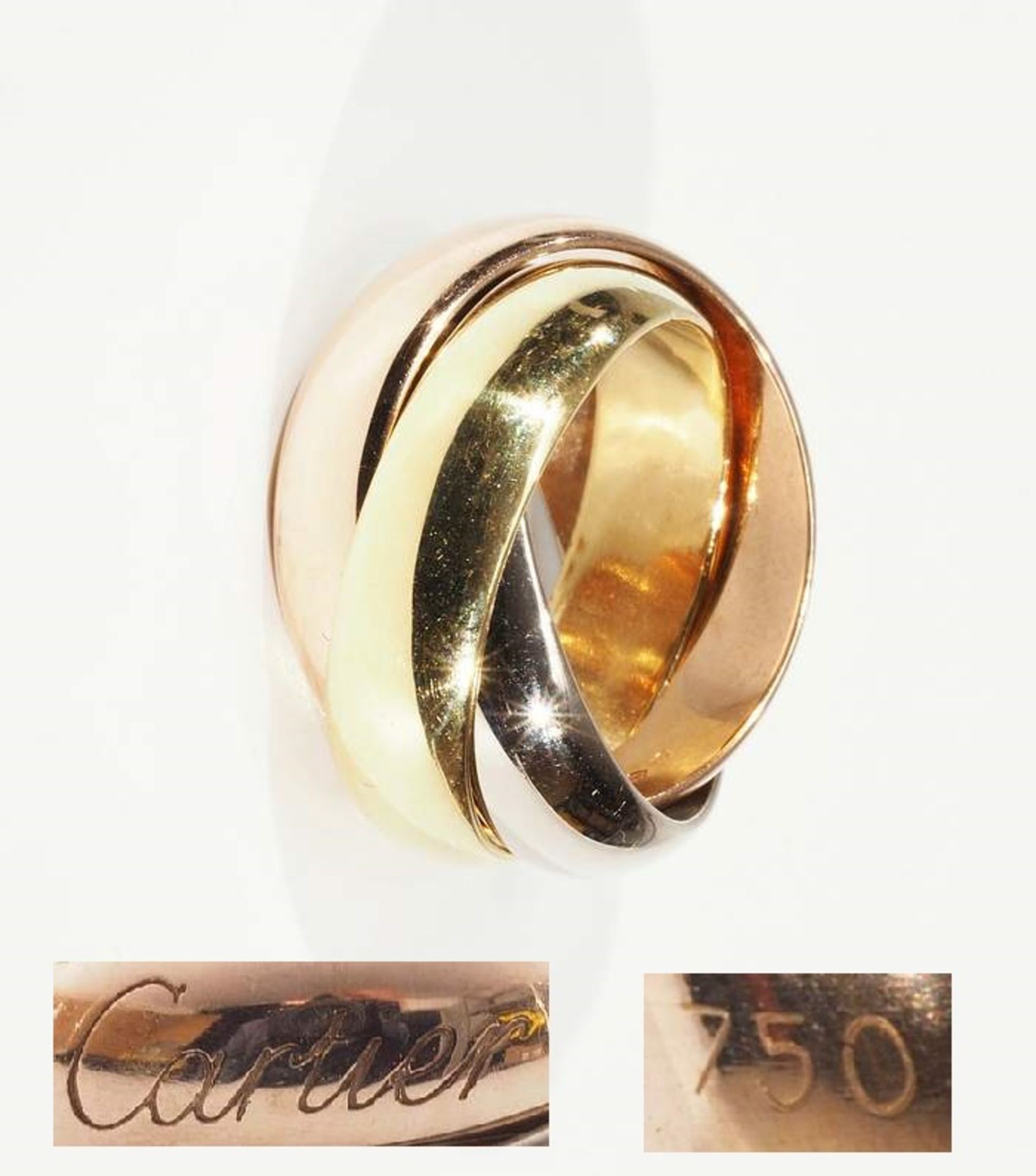 CARTIER-Ring "Trinity". 750er Gelb-, Weiß- und Rotgold. Ringgröße 45, Breite pro Ring ca. 5,1 m