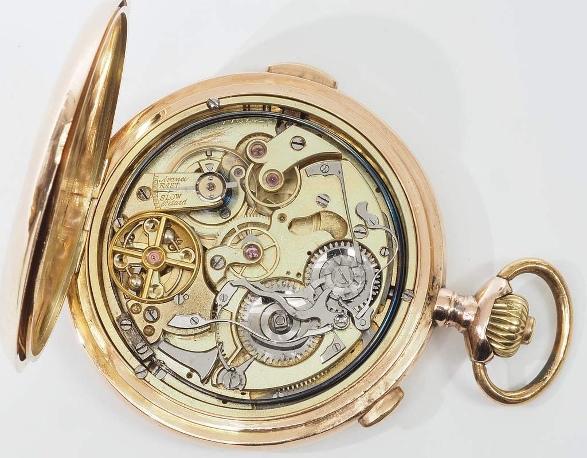 Savonette Taschenuhr mit Schlagwerk. 585er Gelbgold, alle Deckel Gold. Weißes Emailzifferblatt mit - Bild 4 aus 11