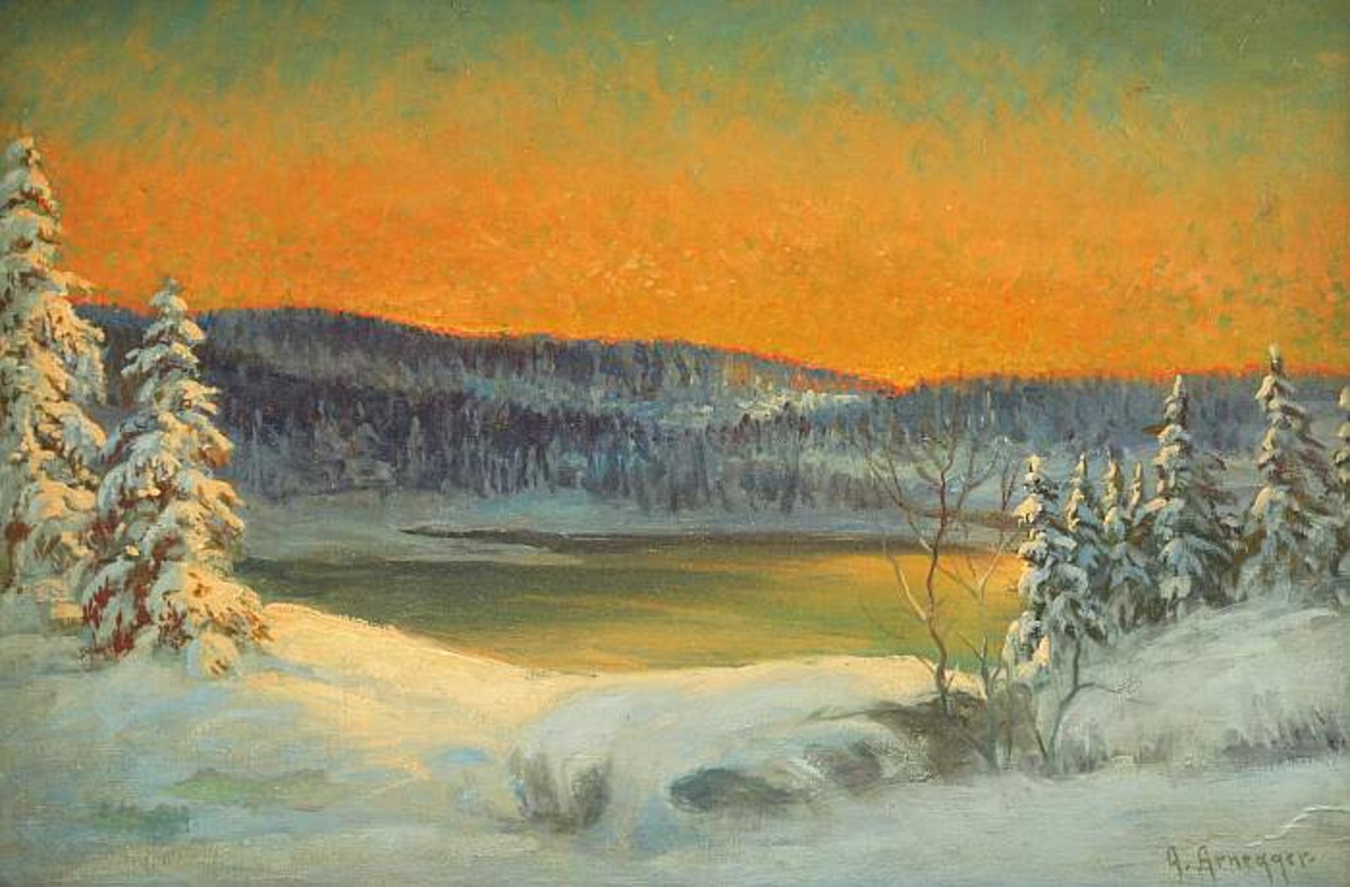 ARNEGGER, Alois. 1879 Wien - 1963 ebenda. Alpenglühen in winterlicher Landschaft mit Bergsee. Ö