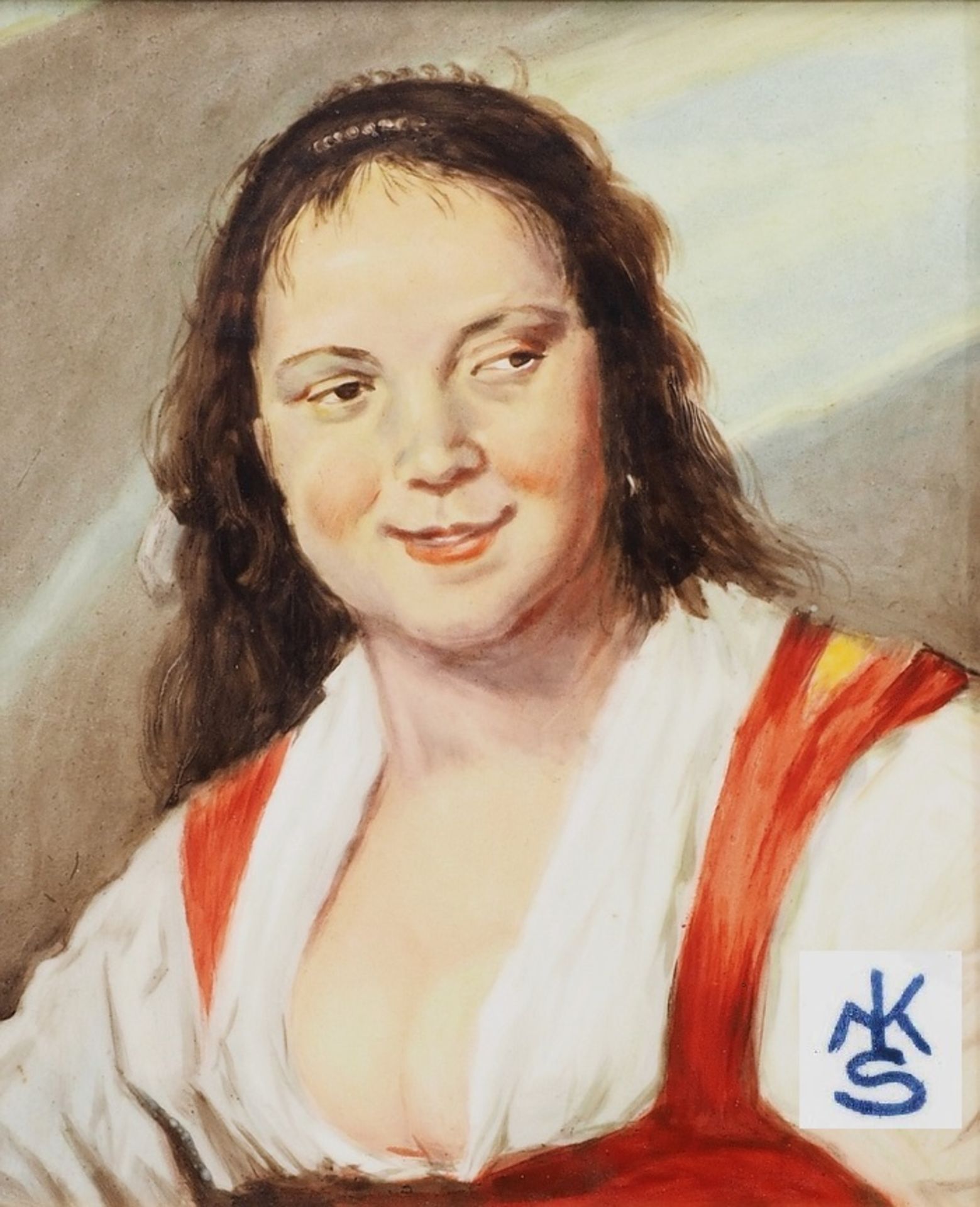 Porzellanbild "Zigeunermädchen". Farbiges Dekor, Motiv nach Frans Hals (1580 - 1666). . Porzell
