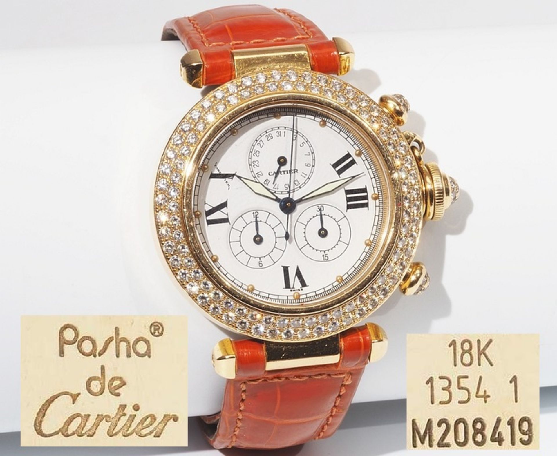 PASHA DE CARTIER Diamant Chronograph. Extrovertierte Damenarmbanduhr aus 18 Karat Gelbgold, Refere